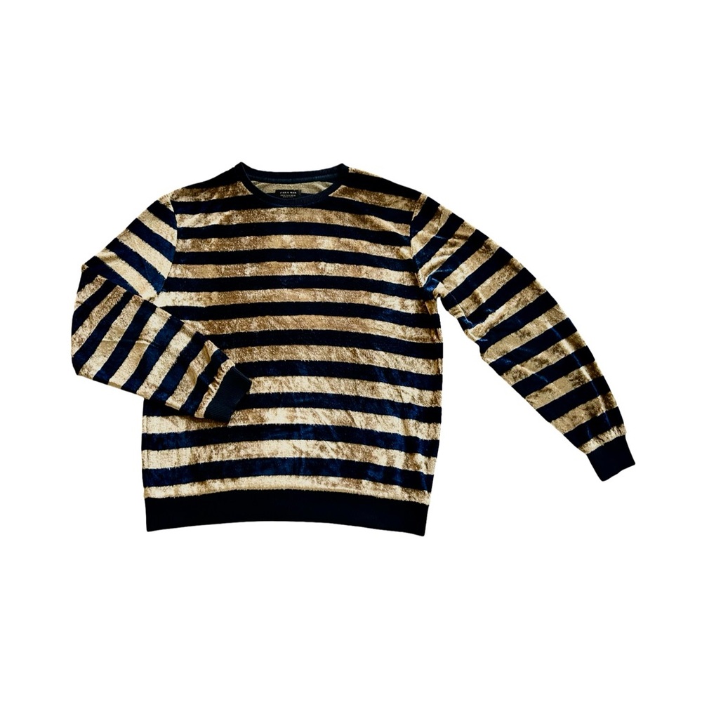 Zara Men's Velvet Crewneck Sweater in Navy Blue and Gold Tan Stripes